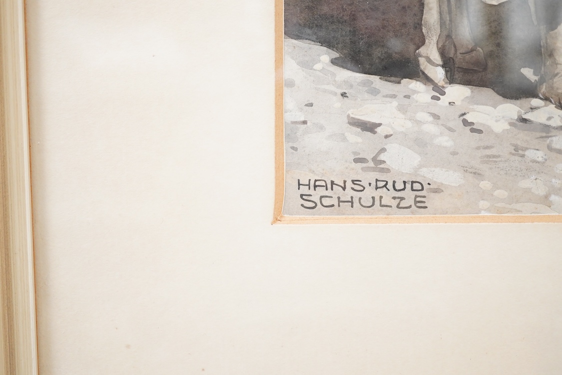 Hans Schulze, Figure beside a donkey, orientalist en grisaille, signed, watercolour, 23 x 23cm